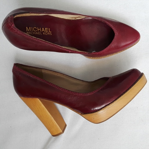 Michael Kors Shoes - Michael Kors Oxblood Leather and Wood Pumps